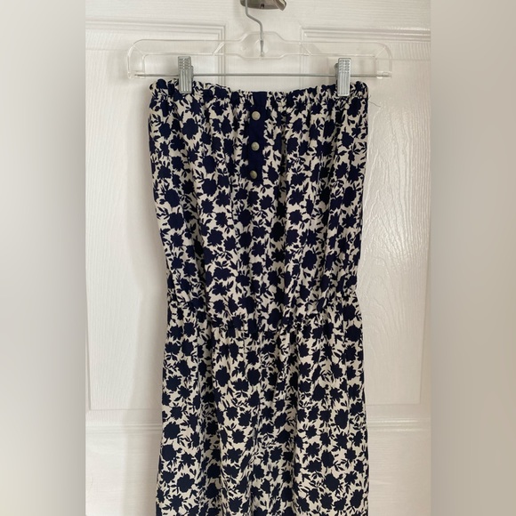 Dark navy blue and white printed long strapless jumpsuit - Picture 1 of 9